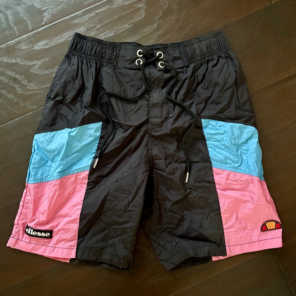 Ellesse Men’s Heritage Evendo Black Pink & Blue Retro Colorblock Swim Trunks
